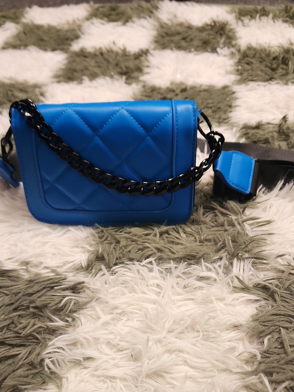 Blue Pu Leather Bag With Adjustable Strap And Bag Chain